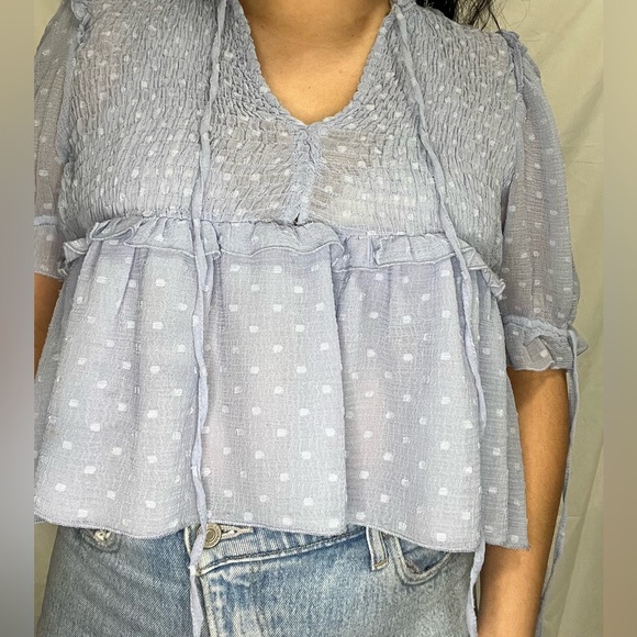 Zara size XS sky blue polka‎ dot short sleeve blouse in excellent condition - Picture 8 of 8